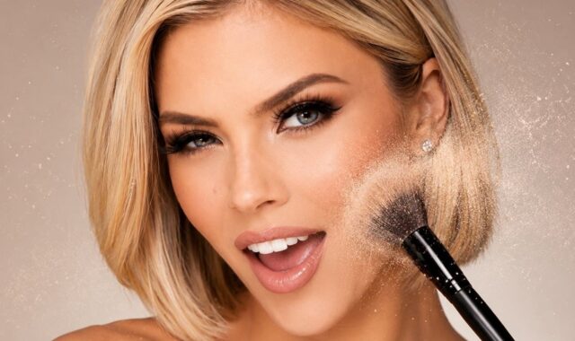 makeup, makeup brush, woman, smile, blonde, portrait, cosmetics, powder, beauty, luxury, fresh skin, professional, makeup artist, glossy lips, stylish, skin undertone, soft light, photo retouching, attractiveness, glamour