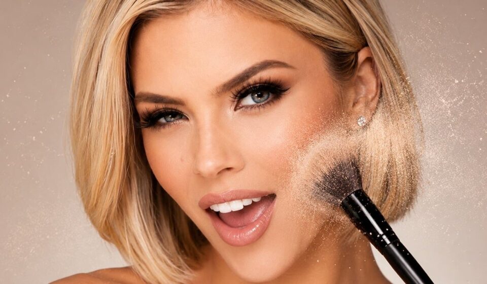 makeup, makeup brush, woman, smile, blonde, portrait, cosmetics, powder, beauty, luxury, fresh skin, professional, makeup artist, glossy lips, stylish, skin undertone, soft light, photo retouching, attractiveness, glamour