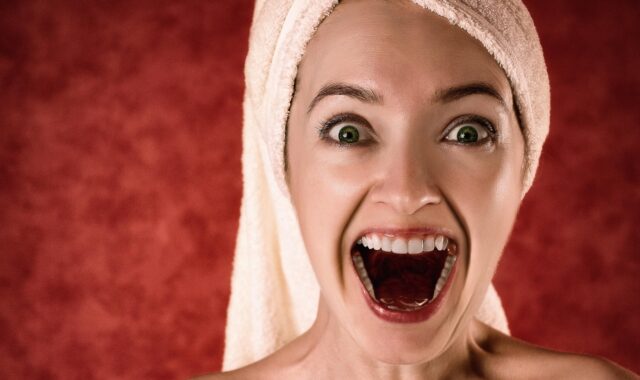 woman, towel, surprised, excited, excitement, portrait, makeup, girl, emotion, happiness, teeth, grin, laughing, laugh, open mouth, joy, surprised, excited, excited, teeth, teeth, teeth, teeth, teeth, laughing, laughing, laugh, laugh
