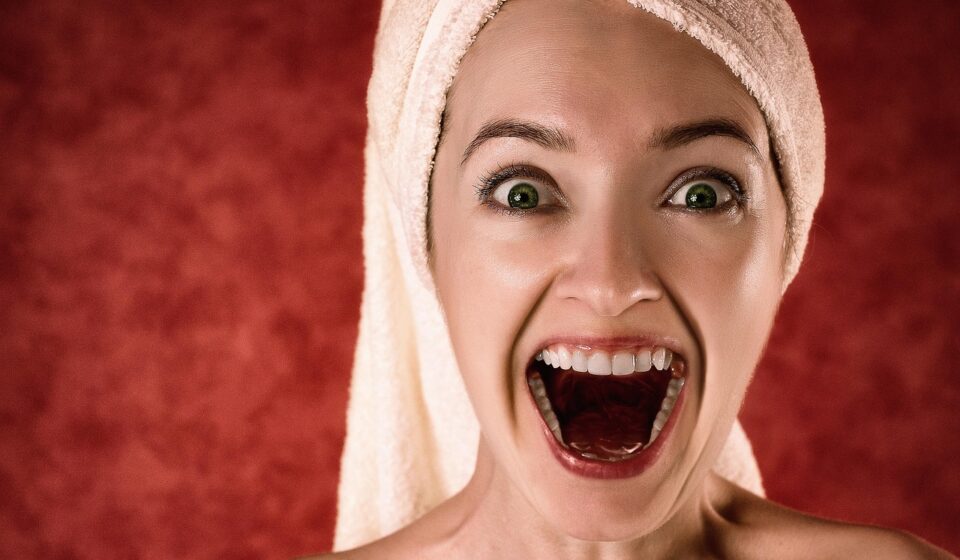 woman, towel, surprised, excited, excitement, portrait, makeup, girl, emotion, happiness, teeth, grin, laughing, laugh, open mouth, joy, surprised, excited, excited, teeth, teeth, teeth, teeth, teeth, laughing, laughing, laugh, laugh