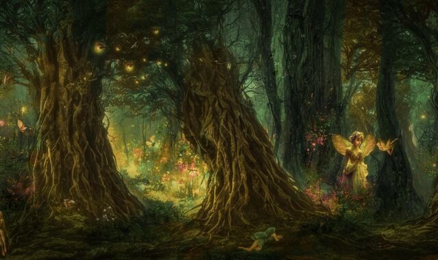 fantasy, forest, fairies, night, lights, nature, magical, magic