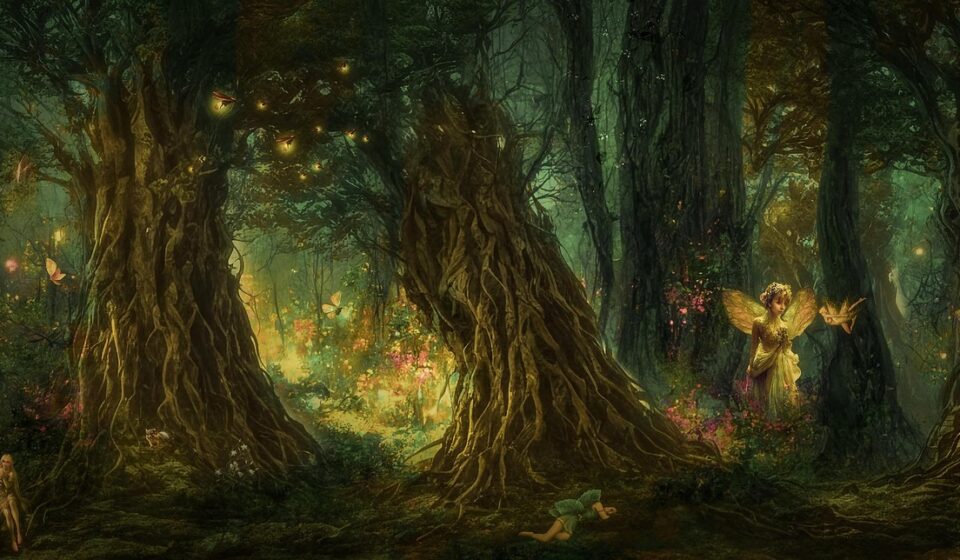 fantasy, forest, fairies, night, lights, nature, magical, magic