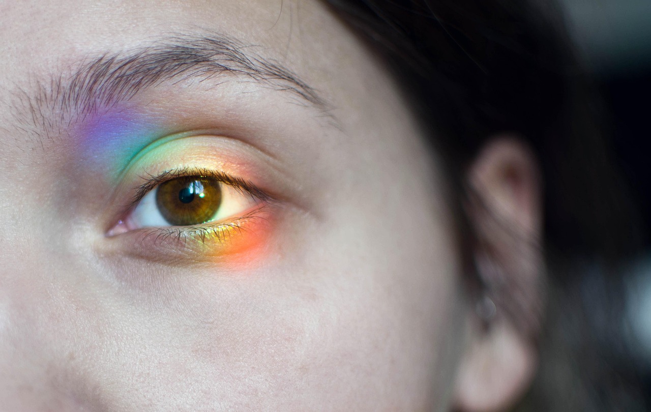 eye, rainbow, woman, light, iris, brown eye, eyelashes, eyebrow, vision, sight, face, girl, closeup, pride month, nature, pride, lgbtiqa, world pride