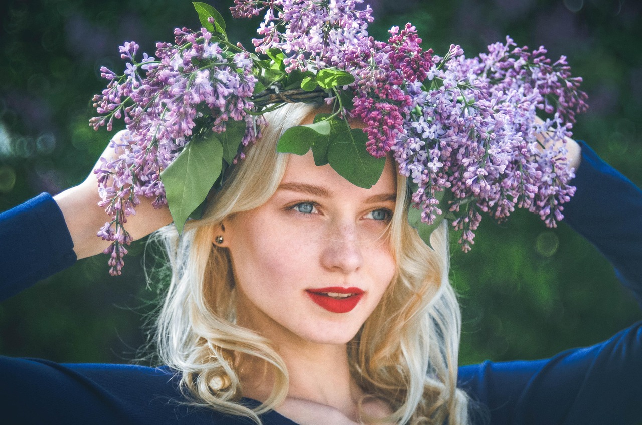 girl, flower crown, face, head, makeup, cosmetics, nature, floral crown, beautiful flowers, spring, lilac, flowers, flower wallpaper, flower background, portrait, wreath, garland