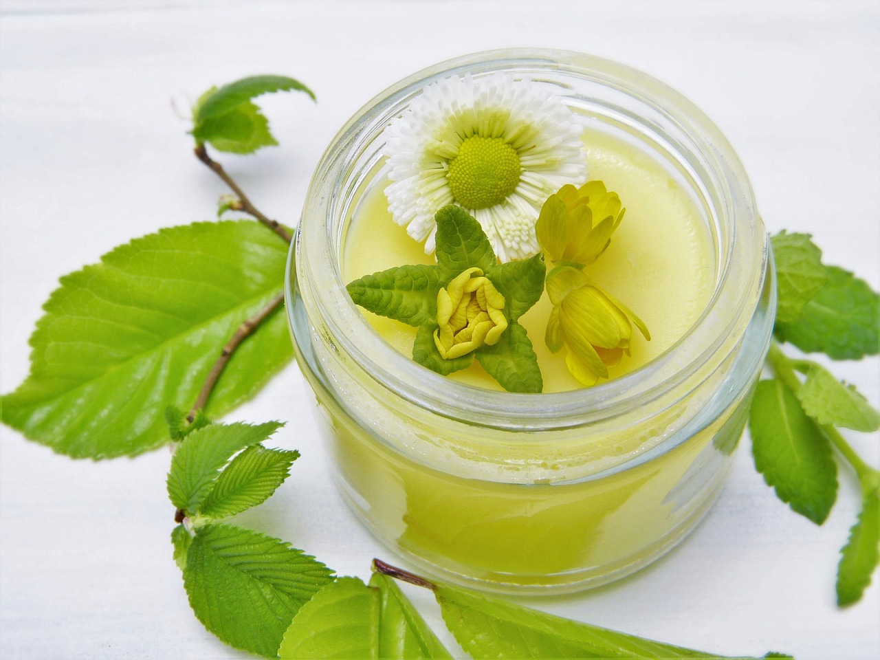 blossoms, cream, glass, green, spring, skin, skin care, wellness, cosmetics, essential oils, shea butter, to clean, maintain, pimples, natural cosmetics, bio, homemade, nature, yellow, spa